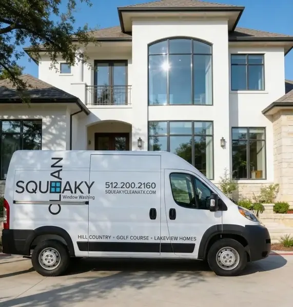 Squeaky Clean Window Washing van in front of a large white two-story home